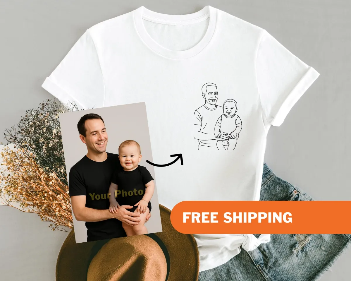 Custom Drawing Photo Shirt for Dad, Personalized Dad and Kid Drawing Shirt, Sketch Photo Father's Day Tshirt, Dad Birthday Gift, Husband Tee