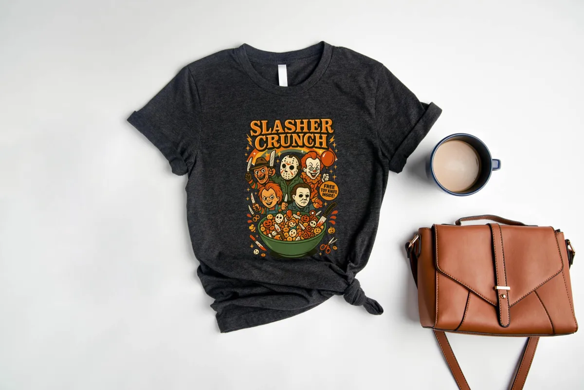 Slasher Crunch Shirt, Horror Cereal Box Tee, Funny Halloween Breakfast Shirt, Killer Movie Characters Parody Top, Spooky Season Tee