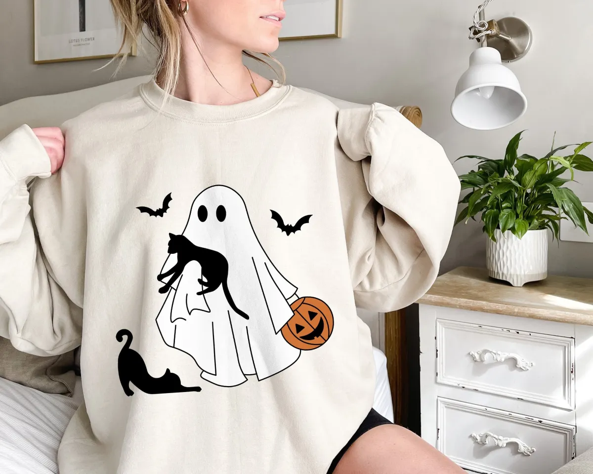 Cat Lover Halloween Sweatshirt, Ghost With Black Cats Sweatshirt, Cute Black Cat Crewneck For Women, Spooky Cat Mom Fall Sweater, Cat Hoodie