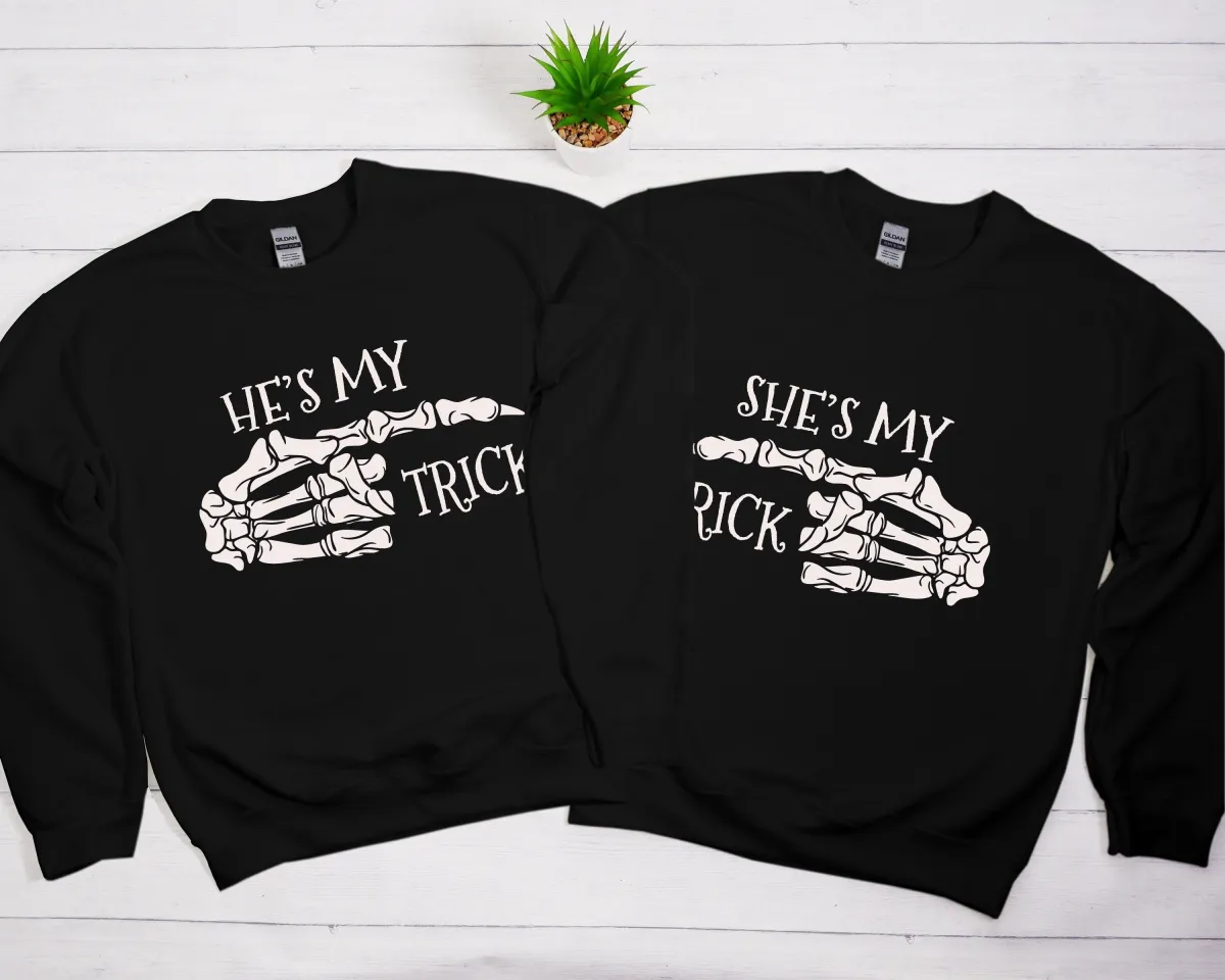 Halloween Couples Sweatshirt, She is my Trick He is My Treat Sweatshirt, Halloween Couple Matching Sweatshirt, Halloween Couple Gift Hoodie