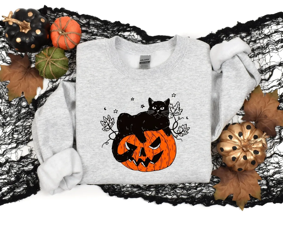 Black Cat on Pumpkin Sweatshirt-Hoodie, Sweatshirt-Hoodie for fall, Black Cat Sweatshirt-Hoodie, Halloween Black Cat Design, Halloween Gifts