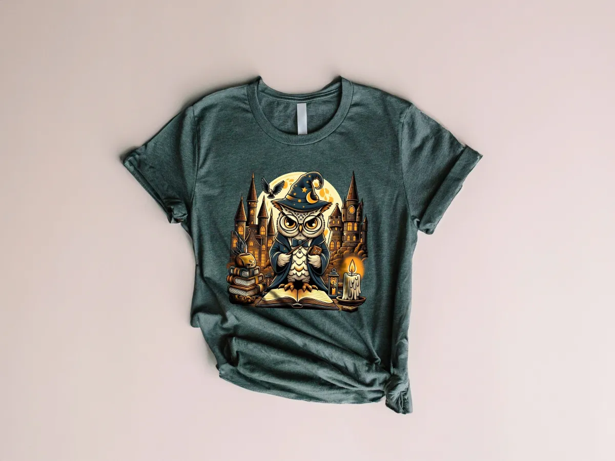 Wizard Owl Shirt, Magic Owl Book Shirt, Gift for Wizard Lover, T-shirt Gift for Potter Lover, Wizard School Owl Tee, Magic School Shirt