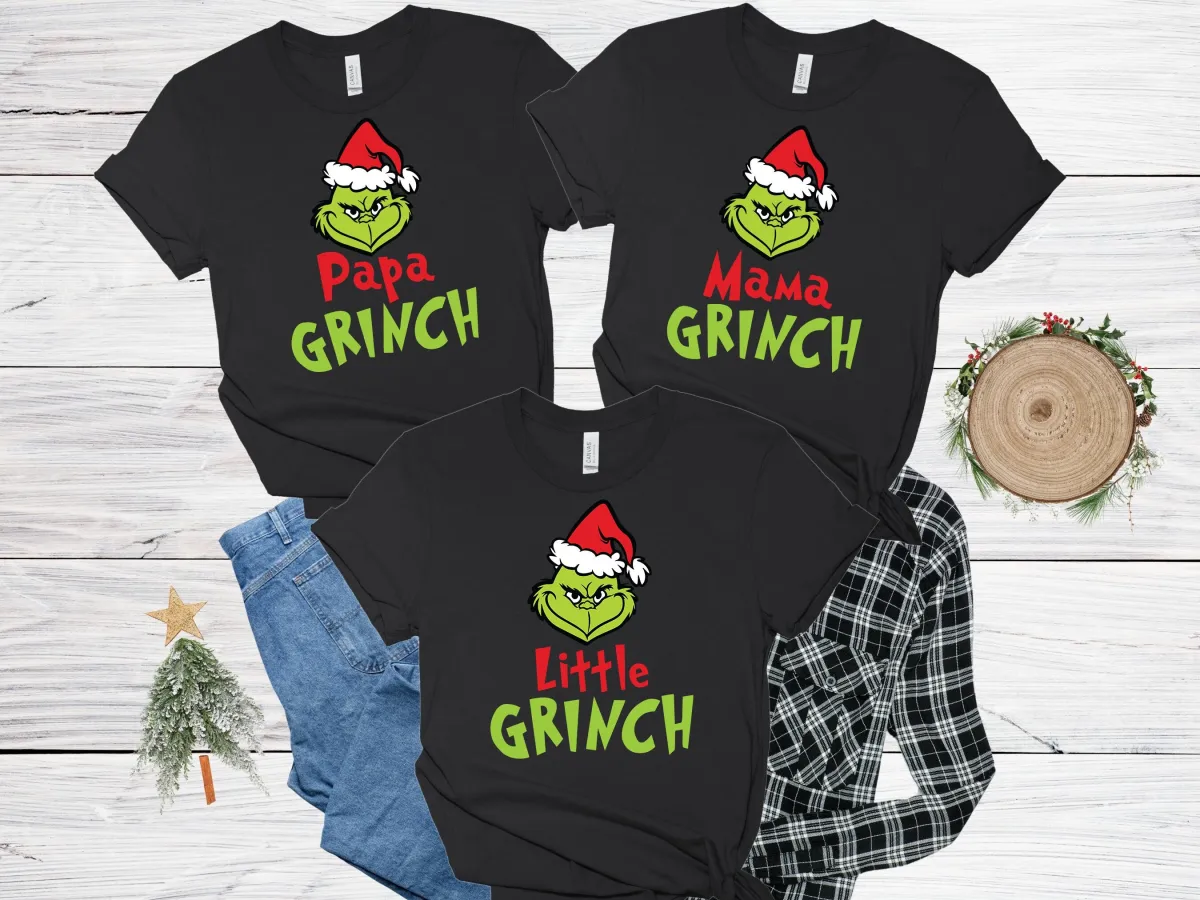 Personalized  Family Matching Grinch Shirt, Custom New Year Shirt, Customized Gift Tee, Mama-Papa-Little Santa Grinch shirt
