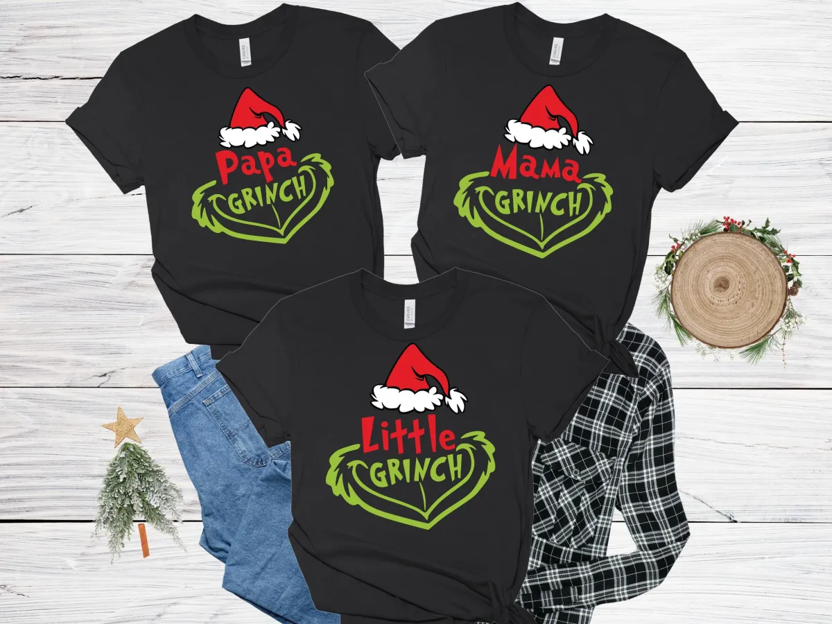 Family Matching Grinch Shirt, Personalized Custom New Year Shirt, Customized Gift Tee, Mama-Papa-Little Santa Grinch shirt