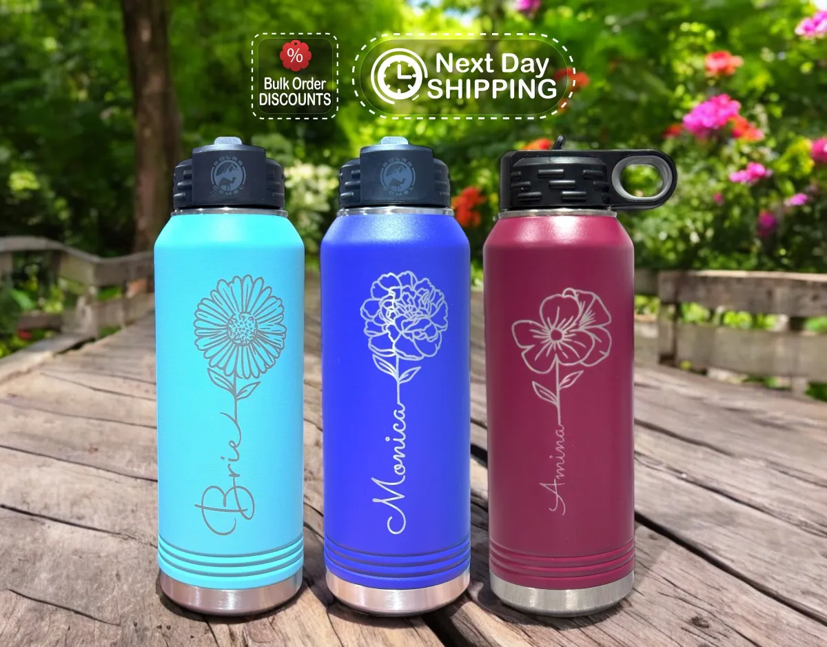 Birth Flower Water Bottle, Birth Month Water Bottle, Flower Custom Name Gift, Stainless Steel Insulated Bottle with Name, Christmas Gift