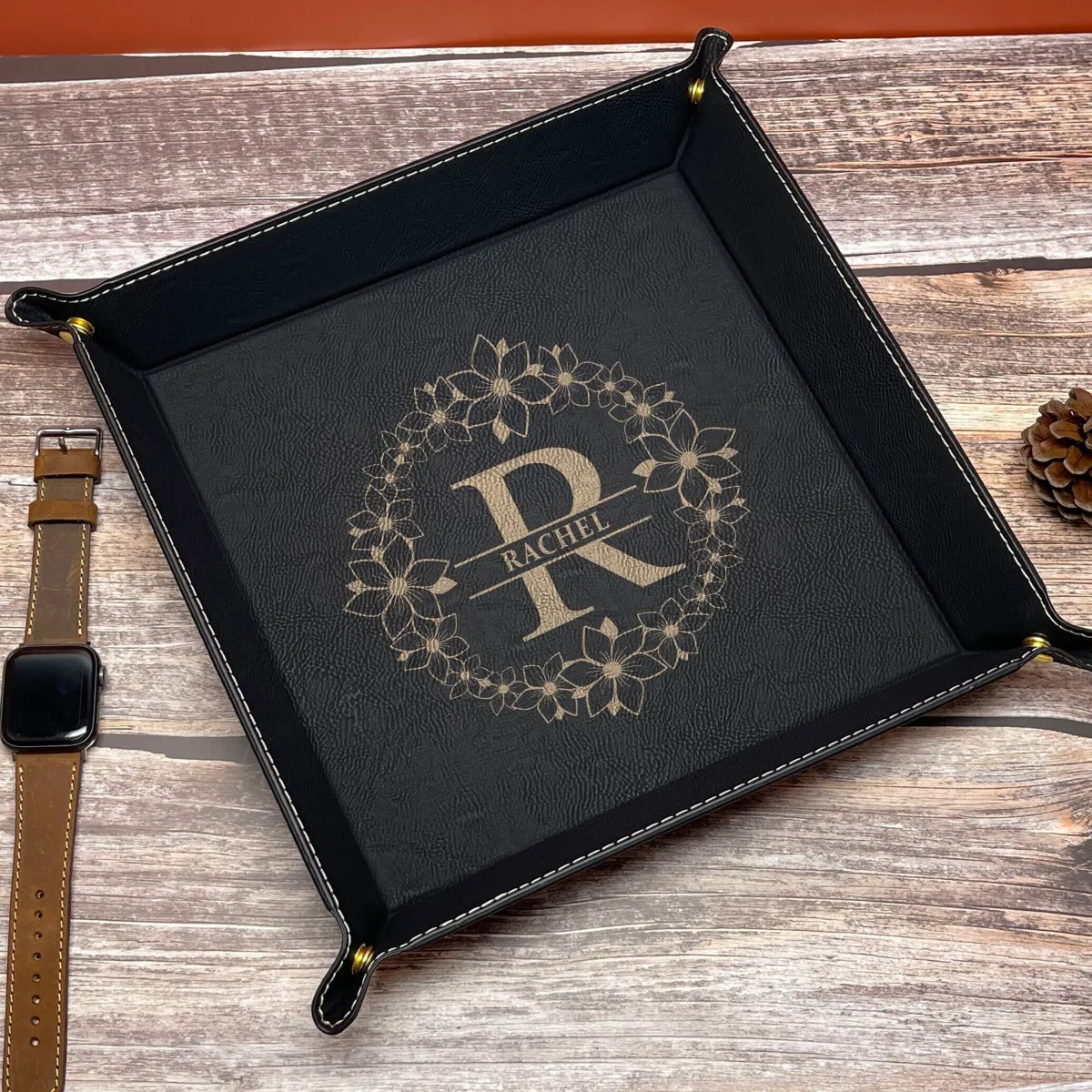 Personalized Engraved Leather Snap Up Valet Tray, Monogram Snap Up Tray, Custom Leatherette snap up tray silver snaps, Nightstand Organizer
