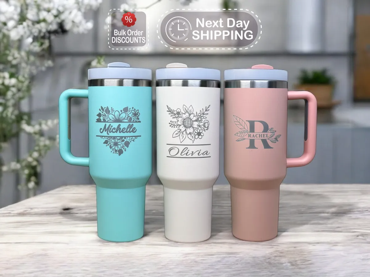 Personalized 40oz Tumbler with Handle & Straw, Laser Engraved Stainless Steel Tumbler, Corporate Custom Logo Tumbler, Christmas Gift,