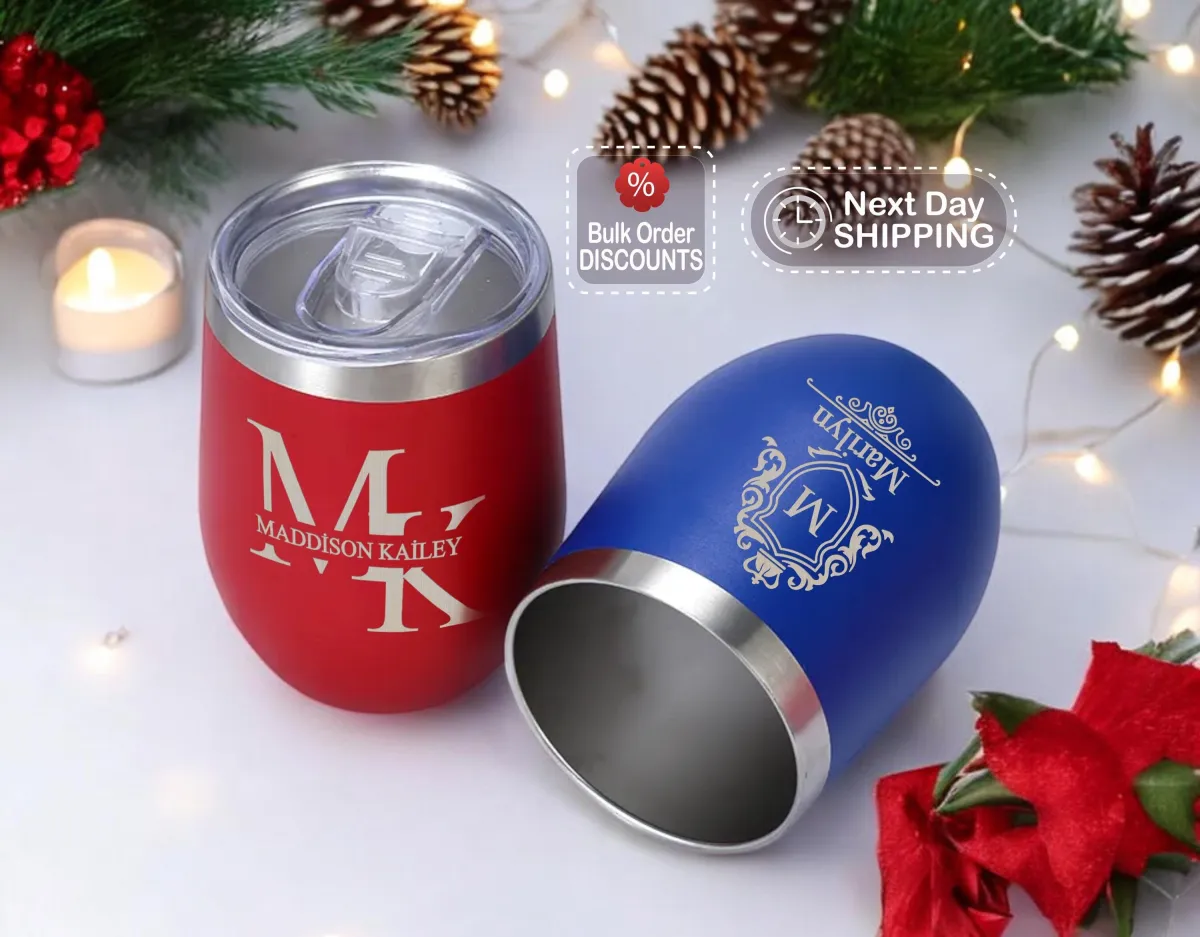 Personalized 12 oz Wine Tumbler, Custom Engraved Cup, Monogram & Unique Designs Wine Tumbler, Christmas Gift Wine Tumbler, Custom Logo Mug