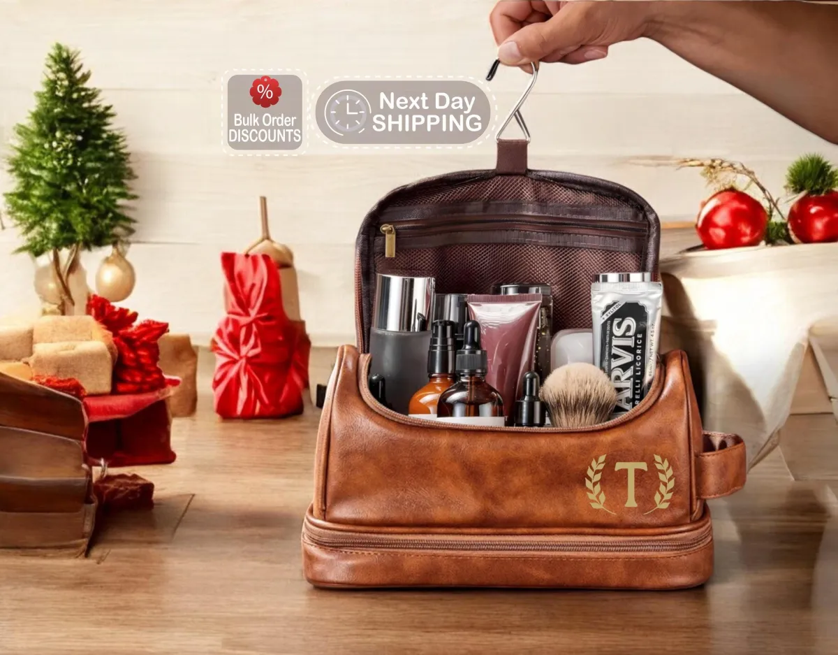 Personalized Leather Toiletry Bag, Custom Travel Bag For Men, Christmas Gift, Dopp Kit Men's Leather Accessory, Leather Hanging Toiletry Bag