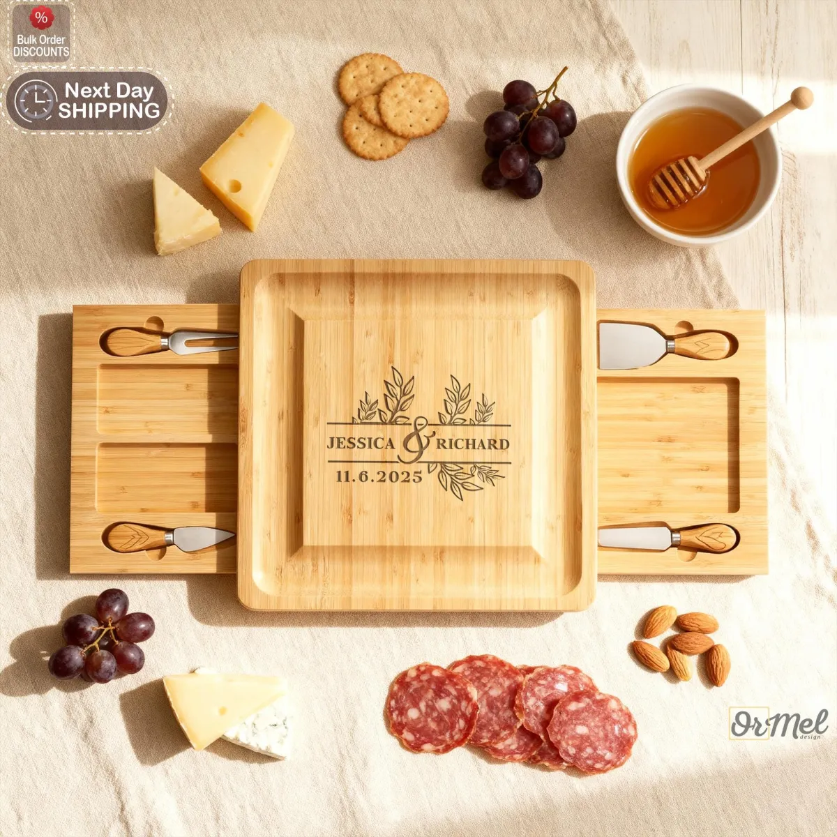 Personalized Bamboo Charcuterie Board Set, Custom Engraved Cheese & Meat Board, Serving Tray with Cheese Knives, Custom Kitchen Coaster Set