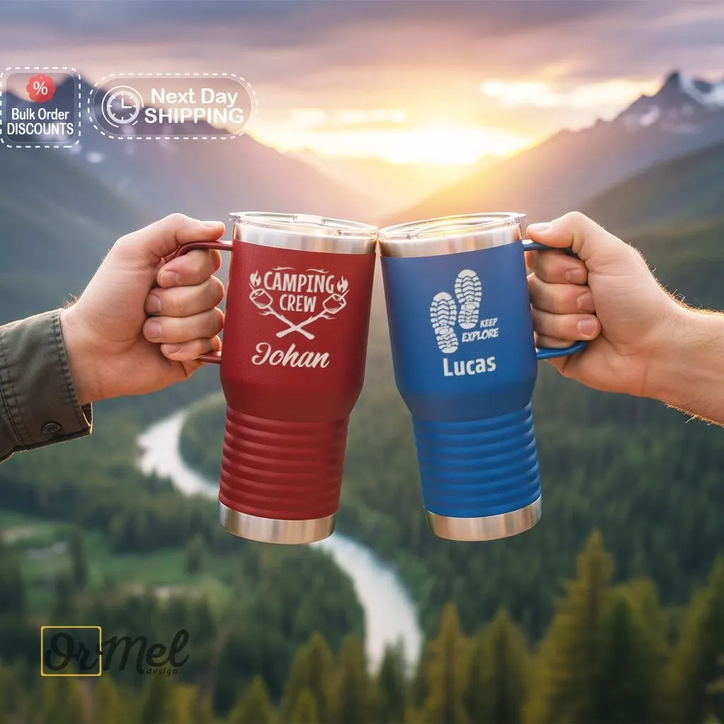 Personalized Camping Travel Mug, Insulated tumbler for Campers, Outdoor Camping Gear, Engraved 20oz Camp Tumbler, Adventure Travel Mug