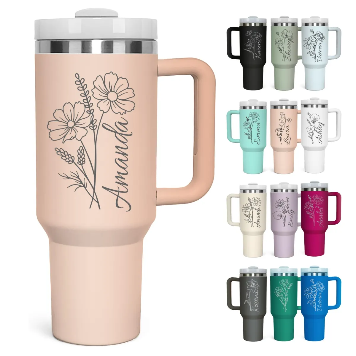Personalized 40 Oz Tumblers with Names and Flowers, Custom Stainless Steel Tumbler with Handle and Straw