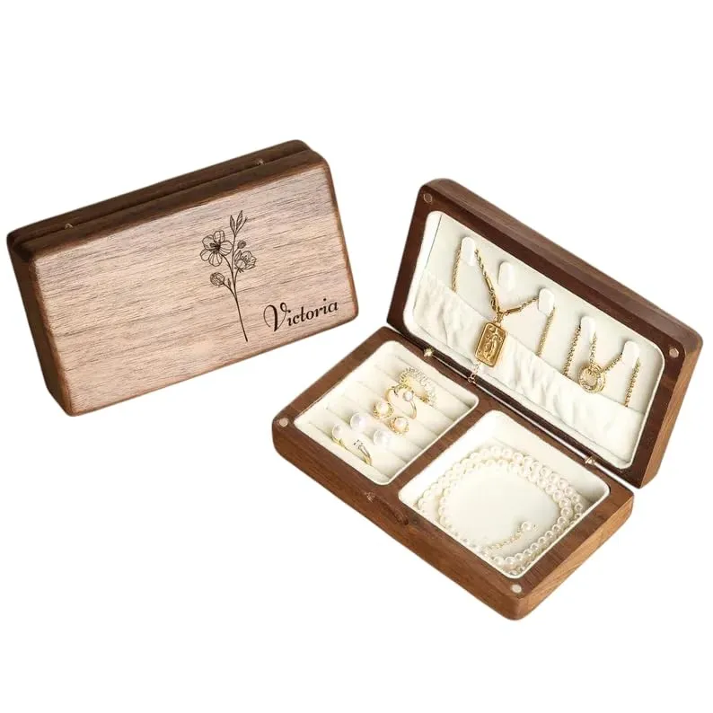Custom Wooden Jewelry Box Personalized with Name & Birth Flower – Travel Jewelry Organizer Case for Women – Bridesmaid, Mom