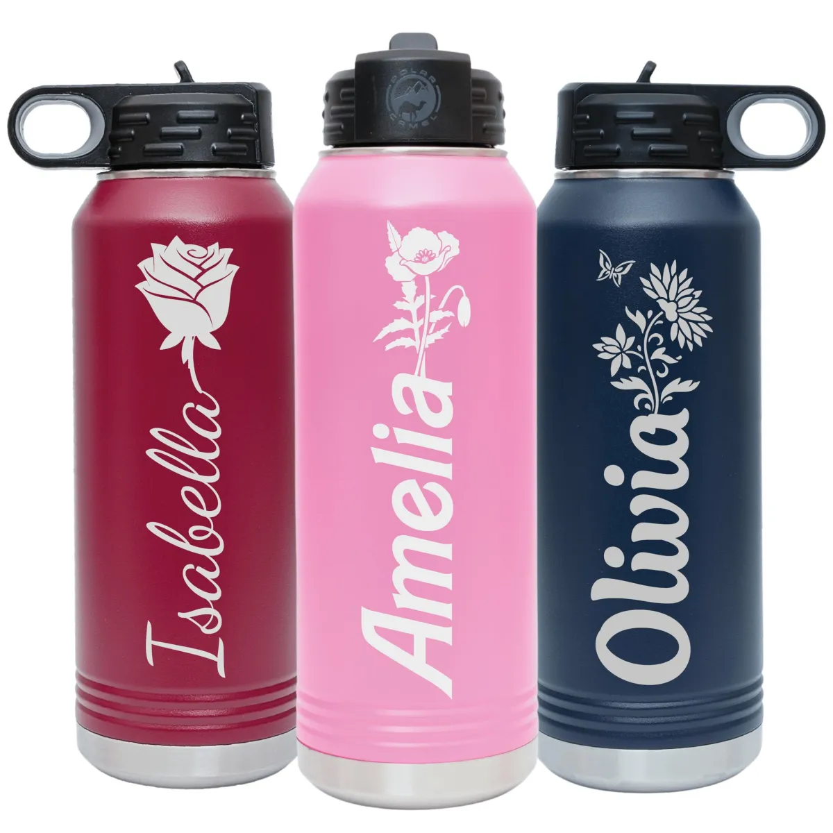 Personalized Laser Engraved 12 20 32 40 oz Water Bottle with Name & Flowers