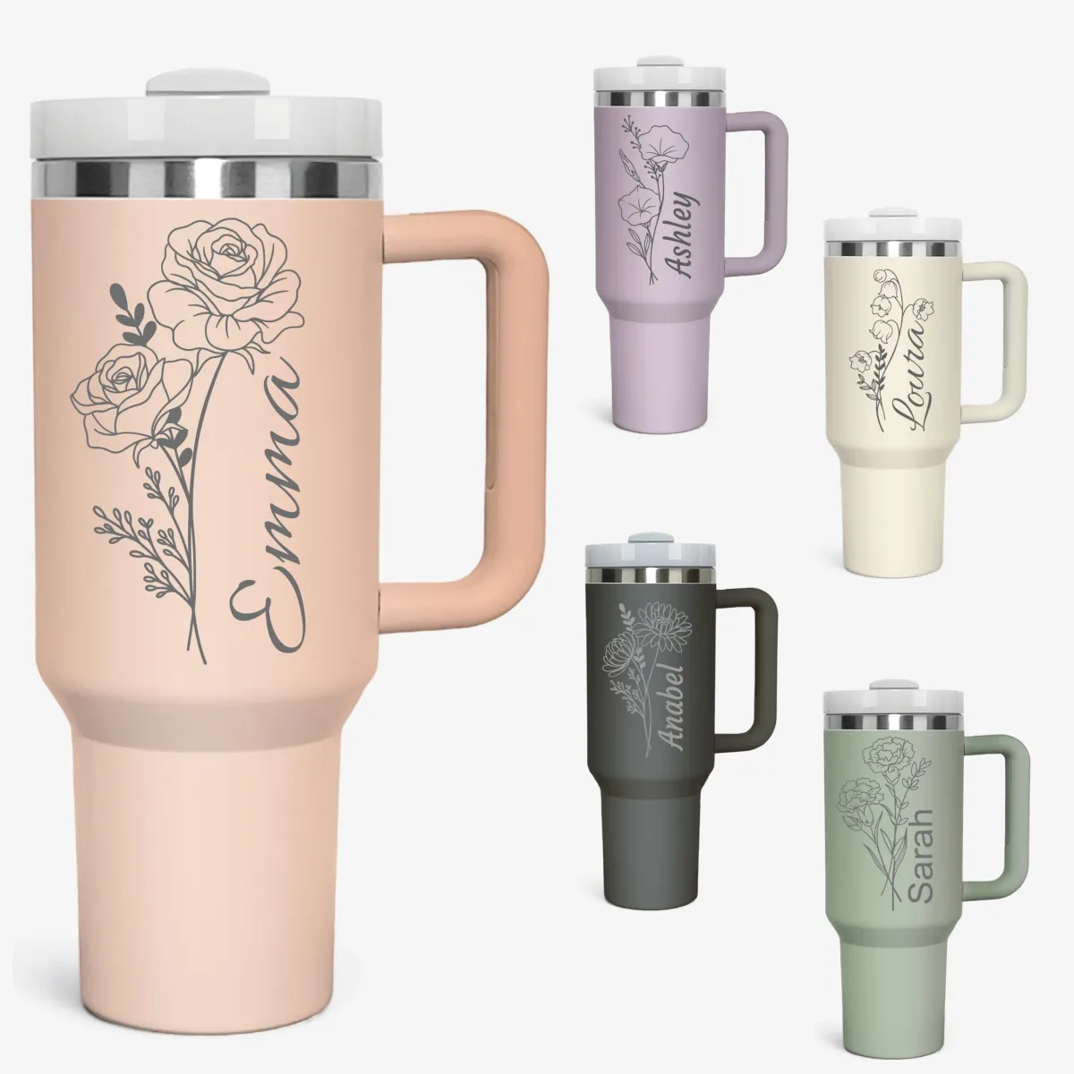 Personalized 40 Oz Tumblers Birth Flowers with Names, Custom Stainless Steel 40 Oz Tumbler with Handle and Straw