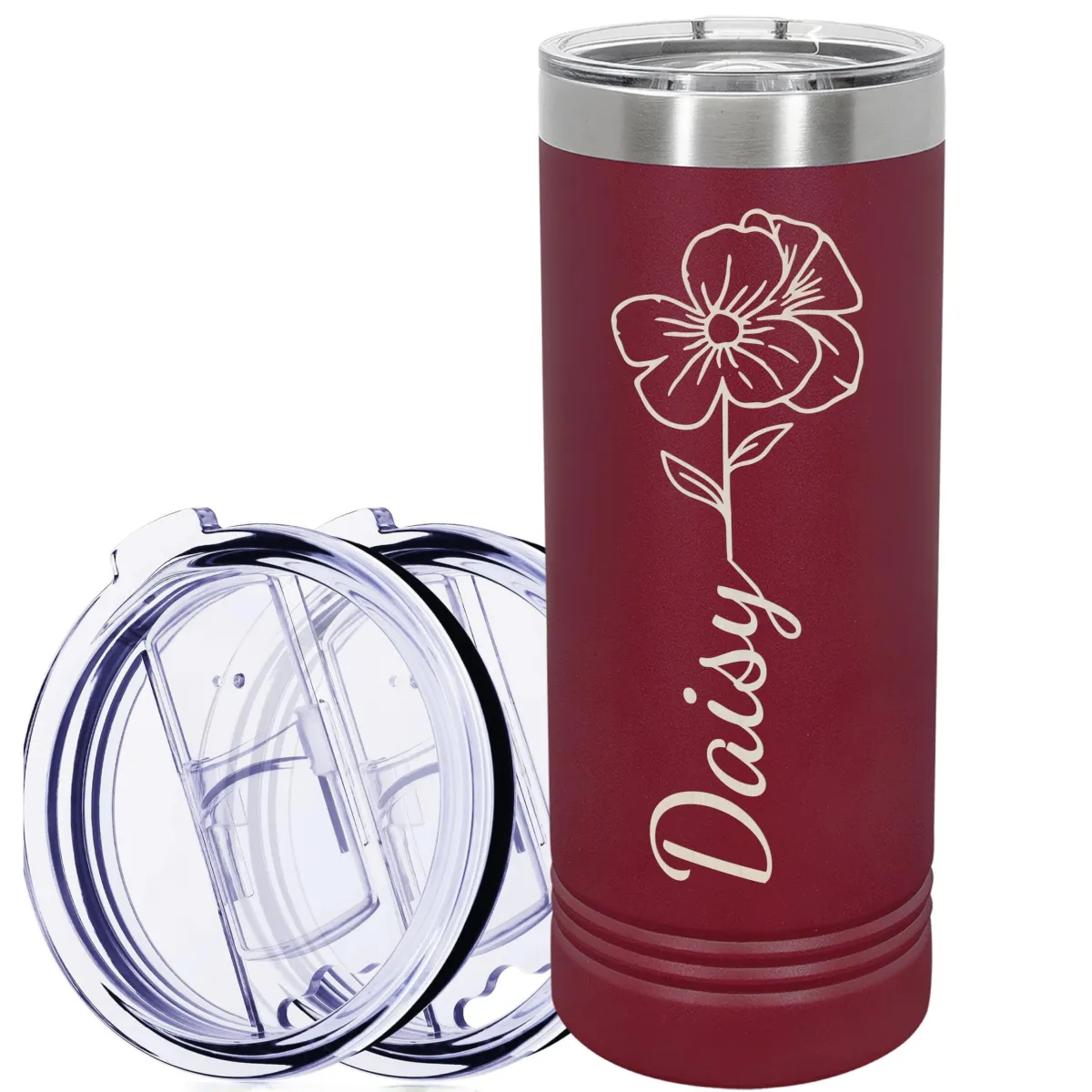 Personalized 22 Oz Skinny Tumblers with Name and Flowers, Custom Stainless Steel Skinny Tumbler with Lid, Gift for Her