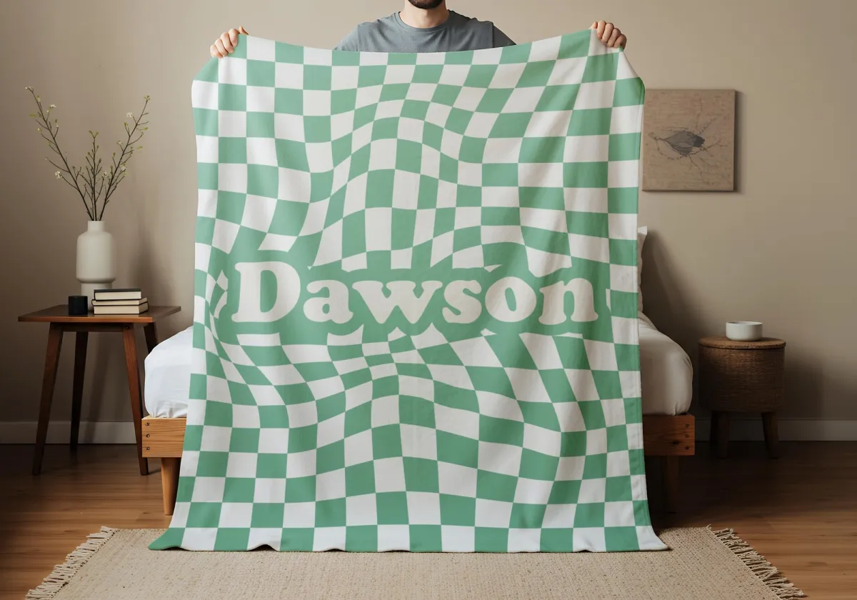 Personalized Retro Checkered Blanket, Custom Name Blanket for Kids, Sleepovers, Bachelorette & Birthday Gifts, Cozy Throw Gift
