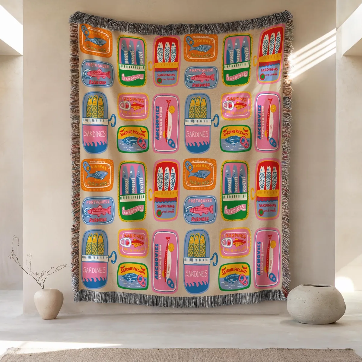 Vintage Woven Sardine Tin Blanket, Coastal Grandmother Decor, Maximalist Tinned Fish Tapestry, Foodie Gift Idea, Mid Century Picnic Throw