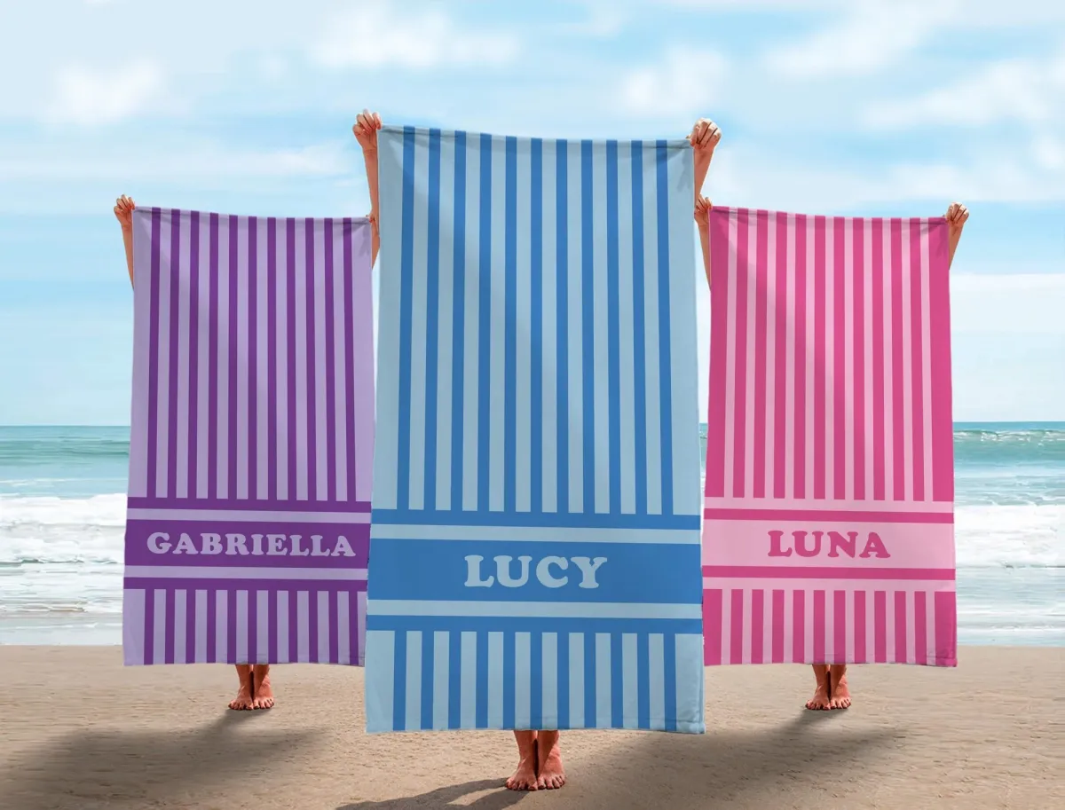 Custom Striped Beach Towel with Name, Groovy or Preppy Style, Bridesmaid or Pool Gift, Summer Vacation, Club & Bridal Party Towel