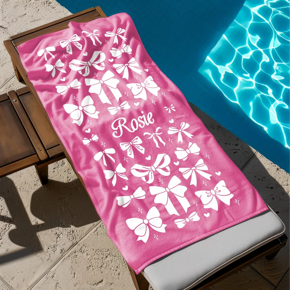 Ribbon Bows Custom Name Towel, Coquette Beach Towel, Personalized Pool Towel, Girls Beach Towels, Cute Custom Bath Towels For Kids
