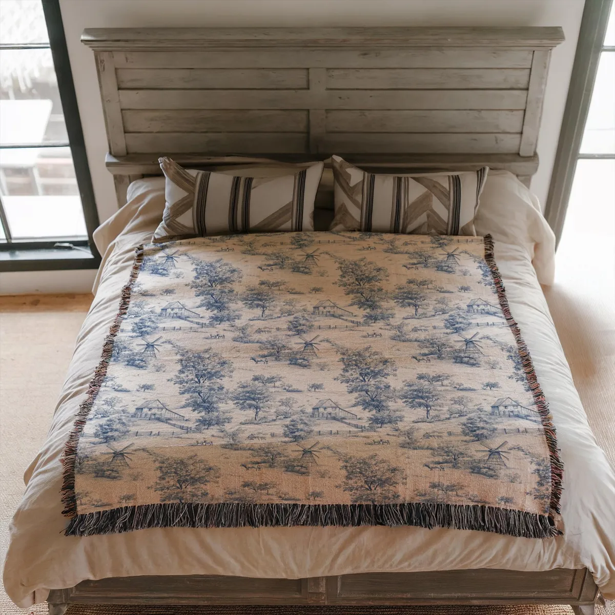 Woven Toile de Jouy Throw Blanket,Blue and White Vintage French Country Pastoral Scene, Farmhouse Cotton Fringe Blanket, Coquette Room Decor