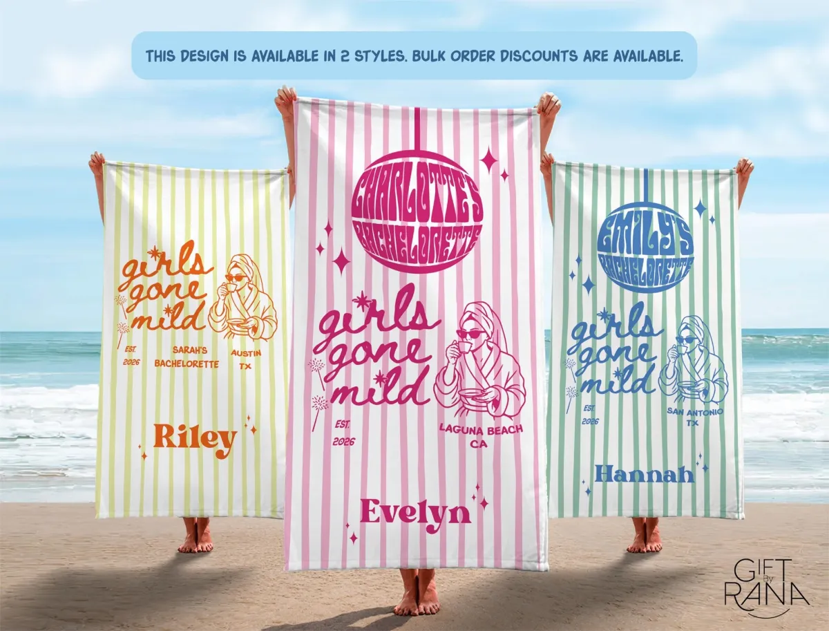 Personalized Bachelorette Beach Towel, Girls Gone Mild Bride Squad Pool Towel, Last Toast on the Coast Bridal Party Gift