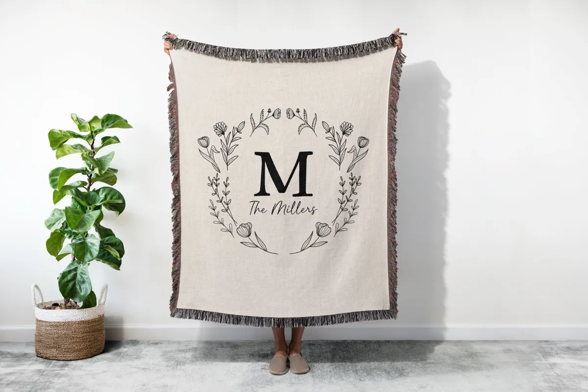Personalized Family Name Quilt, Last Name Initials Woven Tapestry, Wedding Anniversary Gift, Christmas Present For Family, Gift For Mom