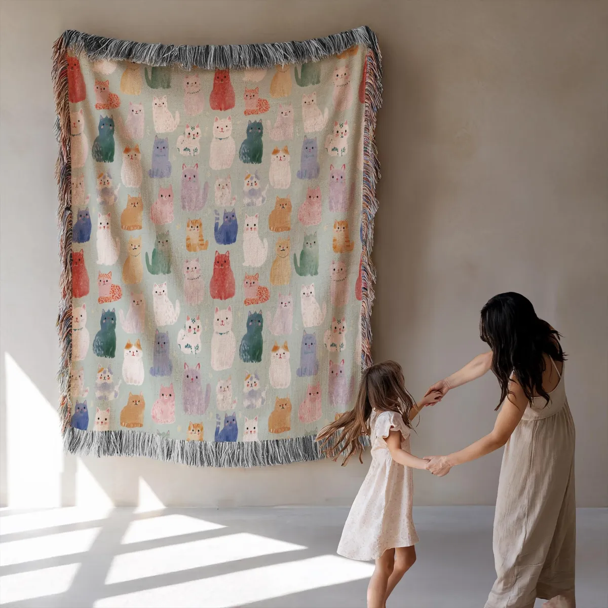 Cat Breed Woven Blanket - Boho Fringed Throw, Gift for Cat Lovers, Cotton Tapestry, Cat Mom Dad Gift, Animal Lover Housewarming Present