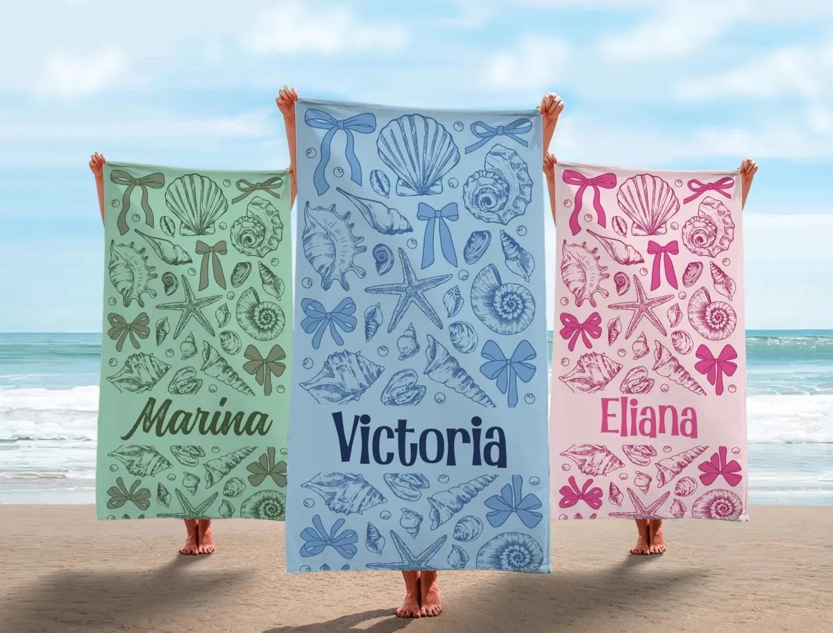 Boho Coastal Beach Towel, Nautical Shells & Starfish Sand Free Wrap, Oversized Bohemian Ocean Pool Towel, Modern Marine Summer Travel Gift