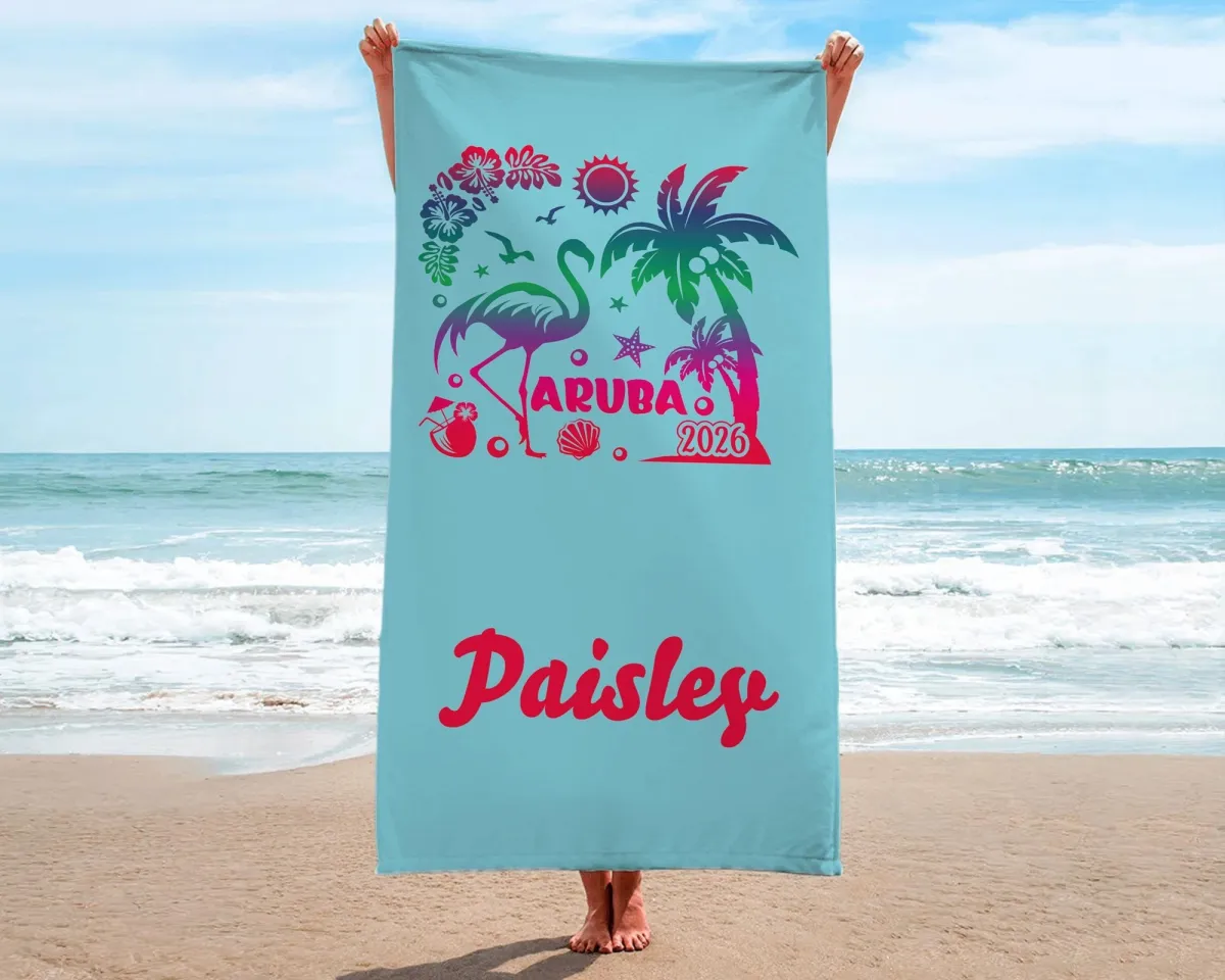 Personalized Aruba 2026 Beach Towel, Custom One Happy Island Vacation Souvenir, Family Cruise Gift, Tropical Pool Towel for Girls Trip
