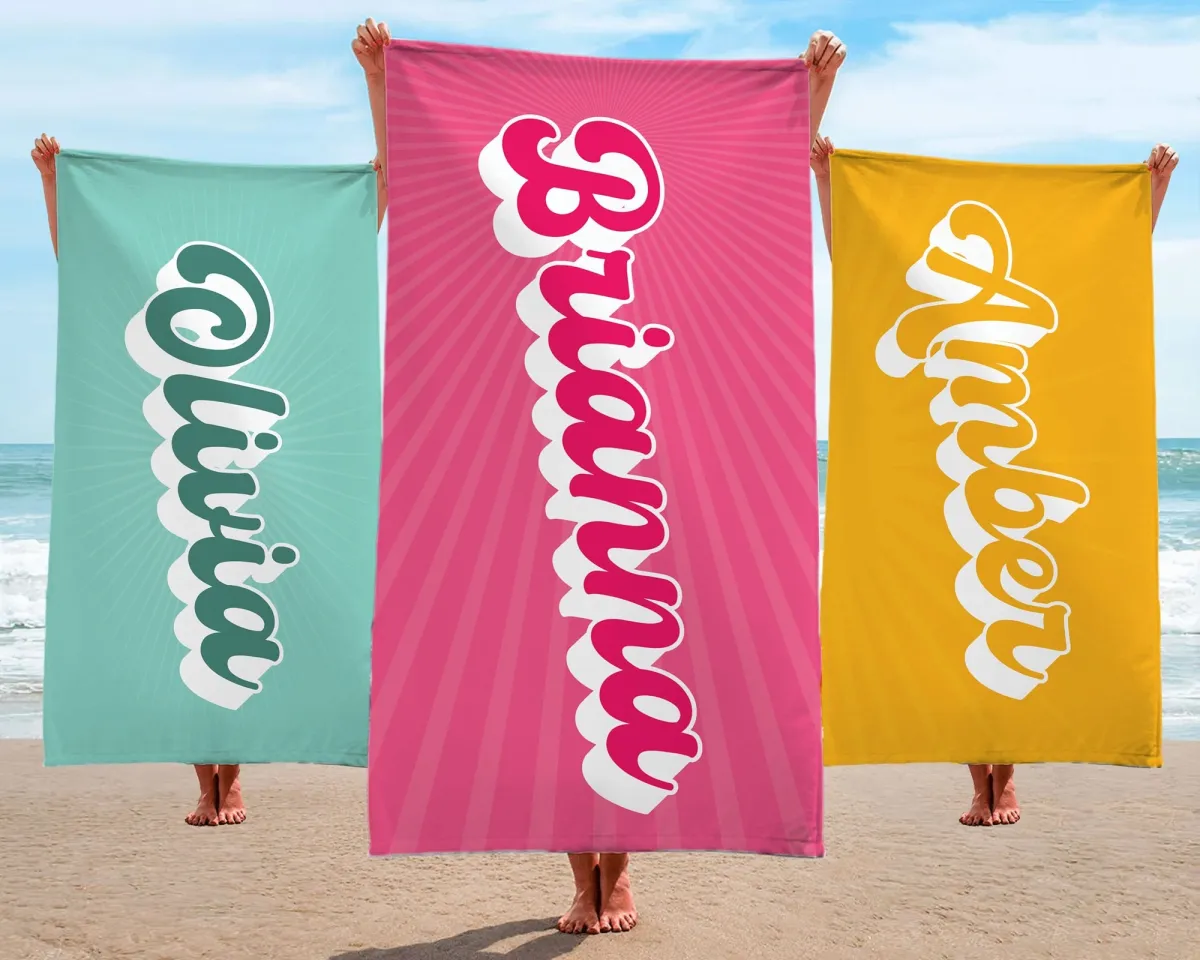 Retro Cursive Custom Beach Towel, Bachelorette Trip, Custom Bridal Shower Gift, Multi Style Family Vacation Towels, Personalized Beach Towel