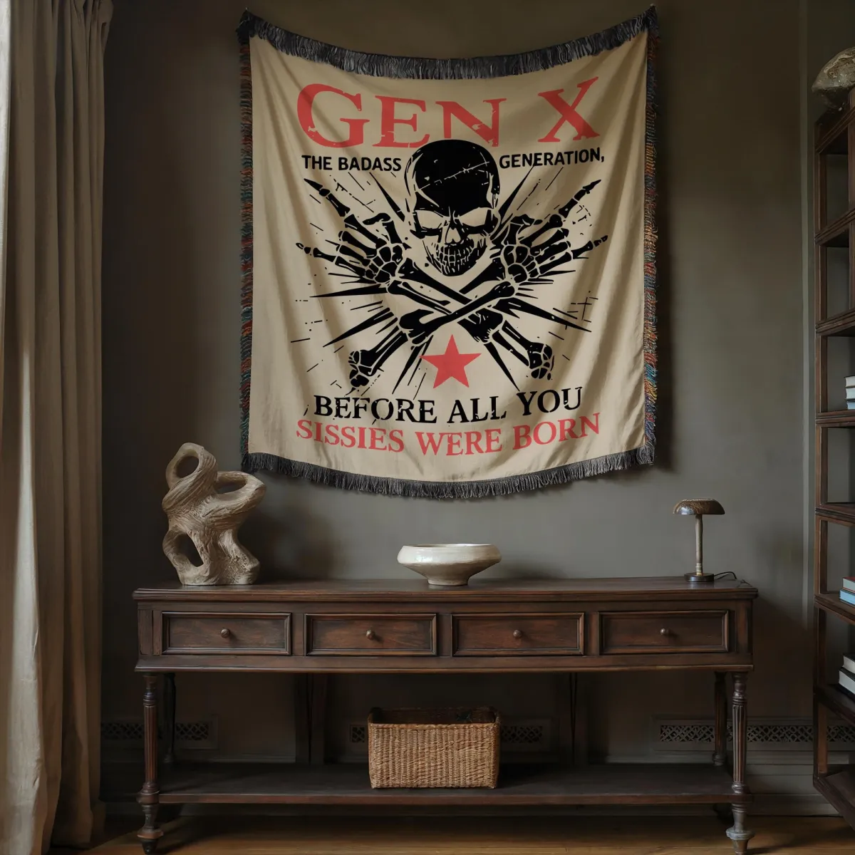 Retro Gen X Sissies Blanket, Badass Skull Generation X Woven Tapestry, 1970s Born Gift, Grungy Aesthetic Throw, Gen X Ready to Press Decor