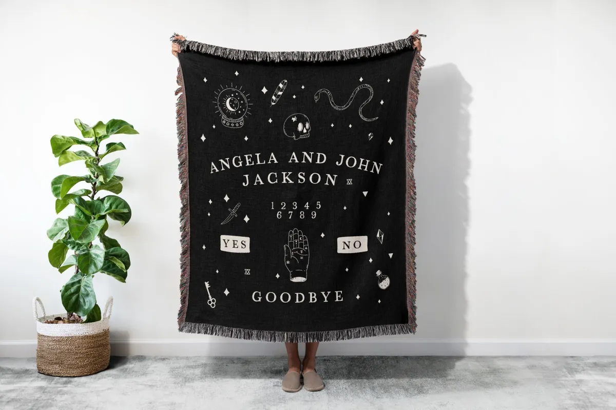 Custom Spirit Board Woven Blanket, Gothic Halloween Tapestry With Name, Personalized Couch Throw, Spooky Handmade House Decor