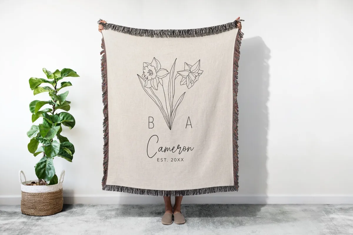 Custom Wedding Month Flower Blanket, Anniversary Gift With Initials, Family Name Woven Tapestry, Last Name Couch Throw, Gift For Her Him