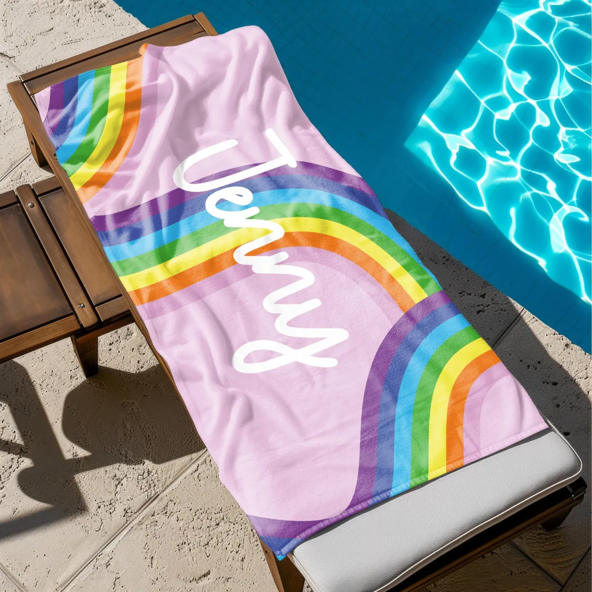 Personalized Kids Beach Towel – Custom Name Towel for Girls & Boys, Rainbow Colors, Fun Summer Gift for Kids, Colorful Towel with Name