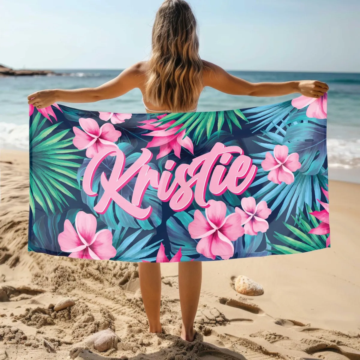 Custom Name Tropical Beach Towel, Personalized Floral Beach Towel, Custom Summer Gift, Beach Essentials, Vacation Towel, Summer Accessories