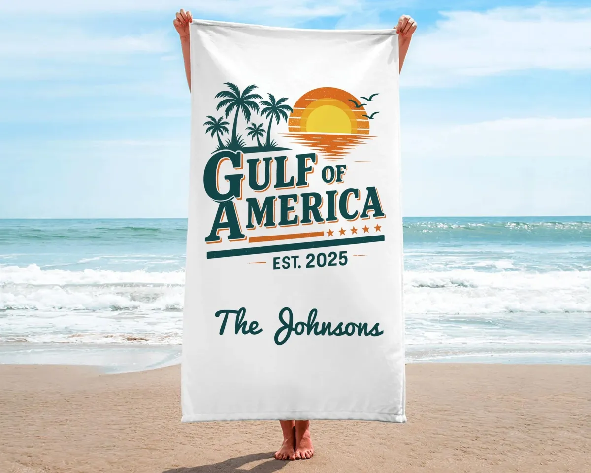 Gulf of America Personalized Beach Towel, Custom Family Name, 4th of July Gift, USA Patriotic, Summer Pool Party,Travel & Vacation Essential
