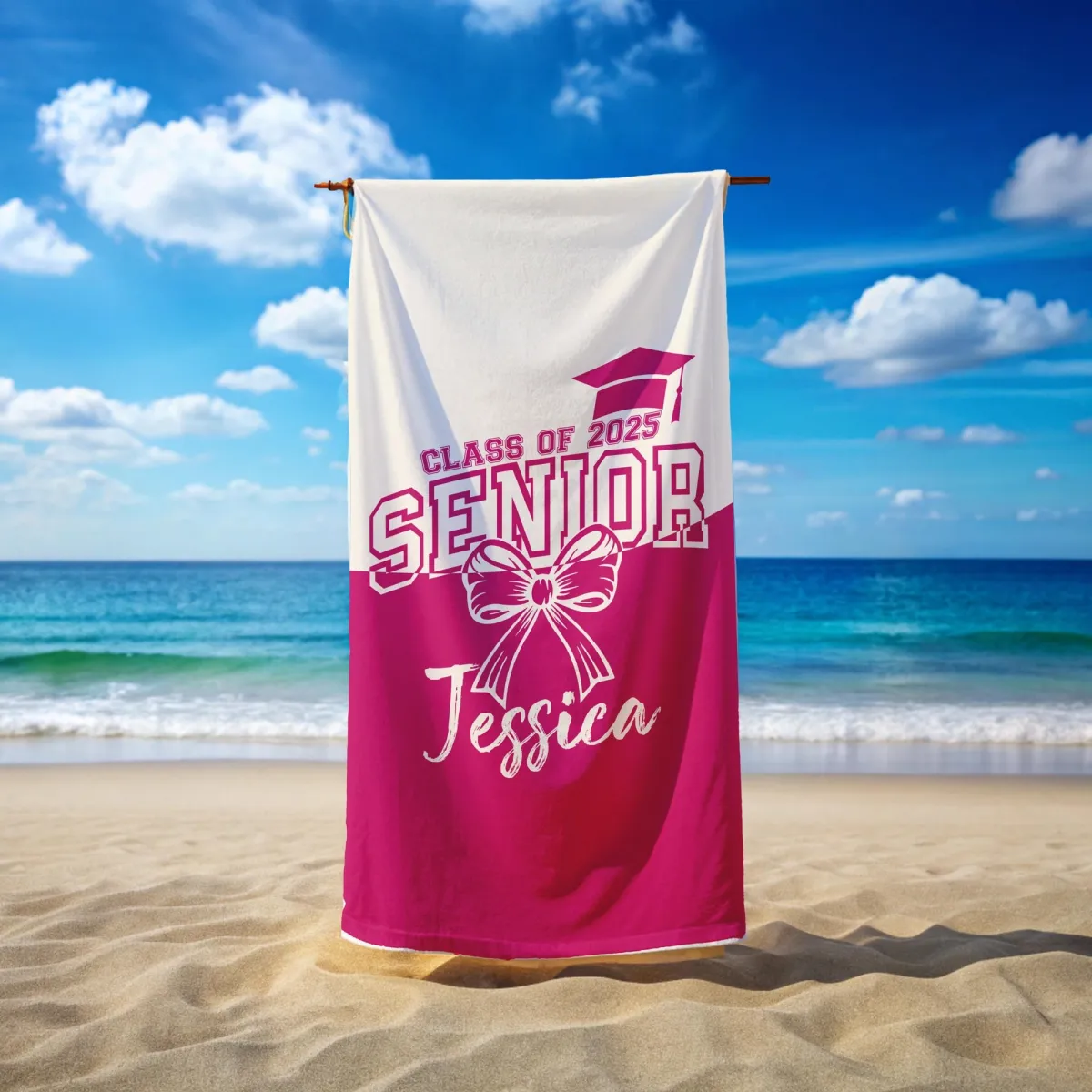 Senior 2025 Pink Bow Towel, Coquette Graduation Towel, Class of 2025 Personalized Gift, Custom Name Beach Towel for Her, Grad Gift