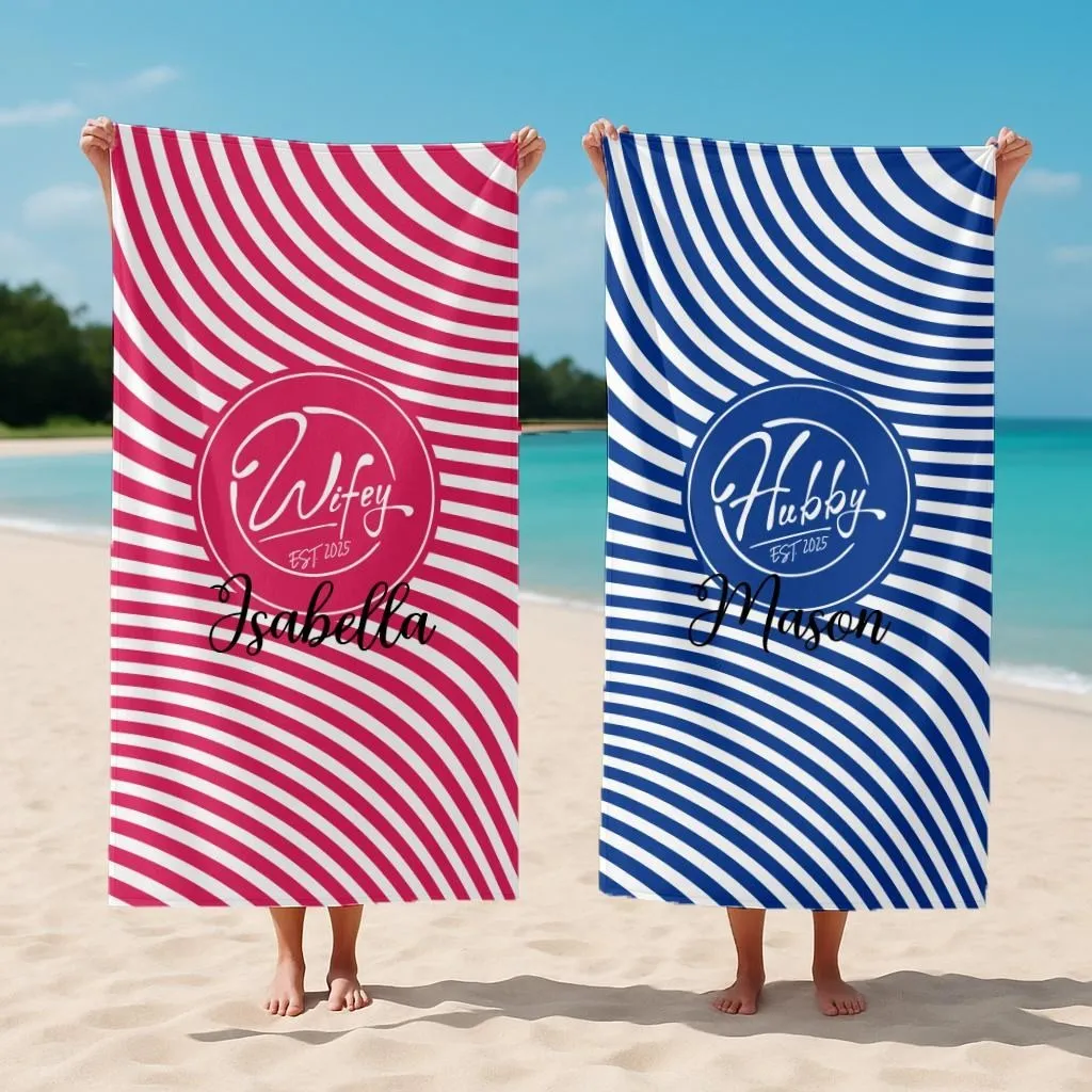 Wifey and Hubby Personalized Beach Towels, His and Hers Honeymoon Gift, Custom Wedding Gift for Newlyweds on the Beach, Just Married Gift