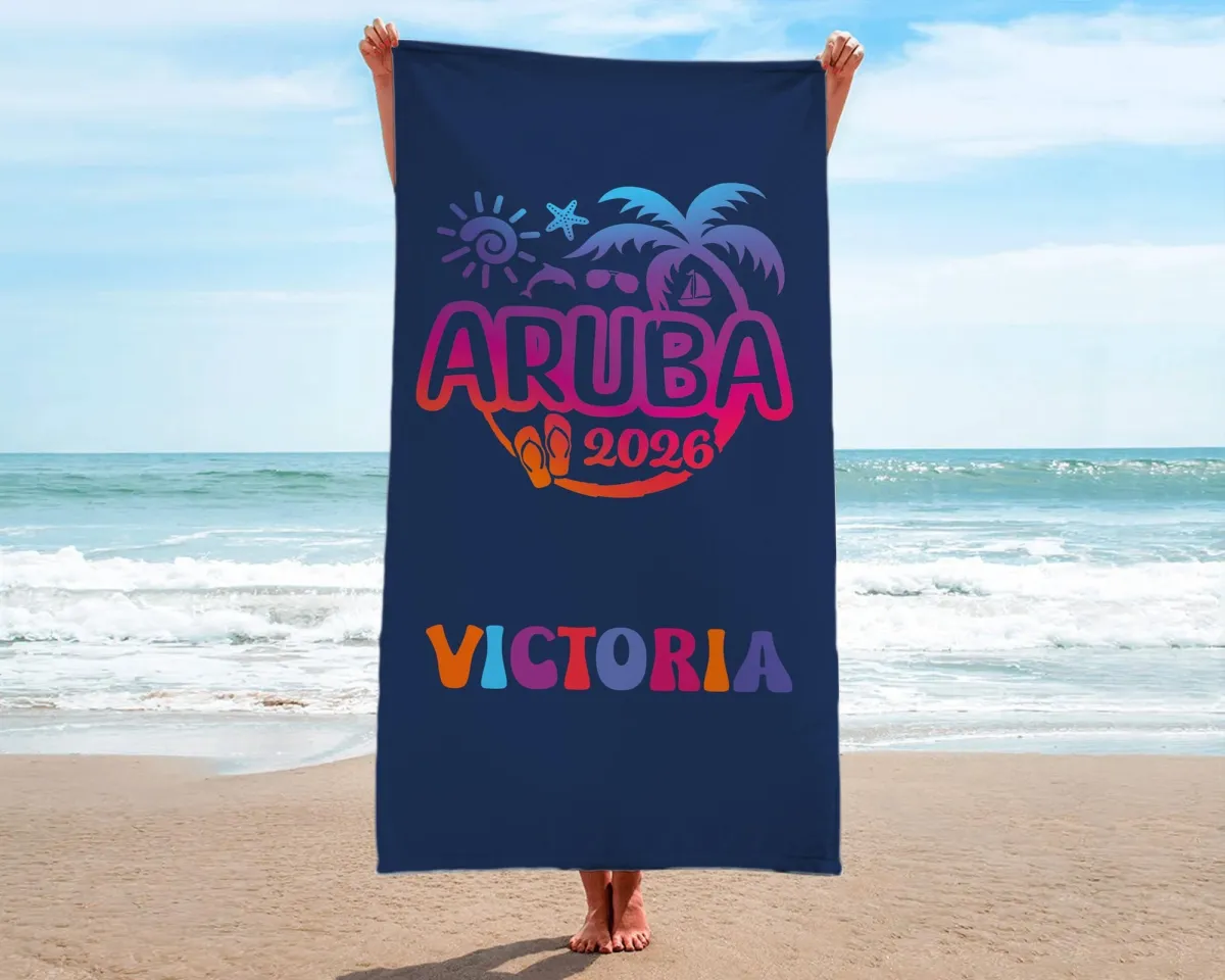 Custom Aruba 2026 Family Vacation Beach Towel, Personalized One Happy Island Trip Gift, Cruise & Pool Towel, Tropical Girls Trip Souvenir