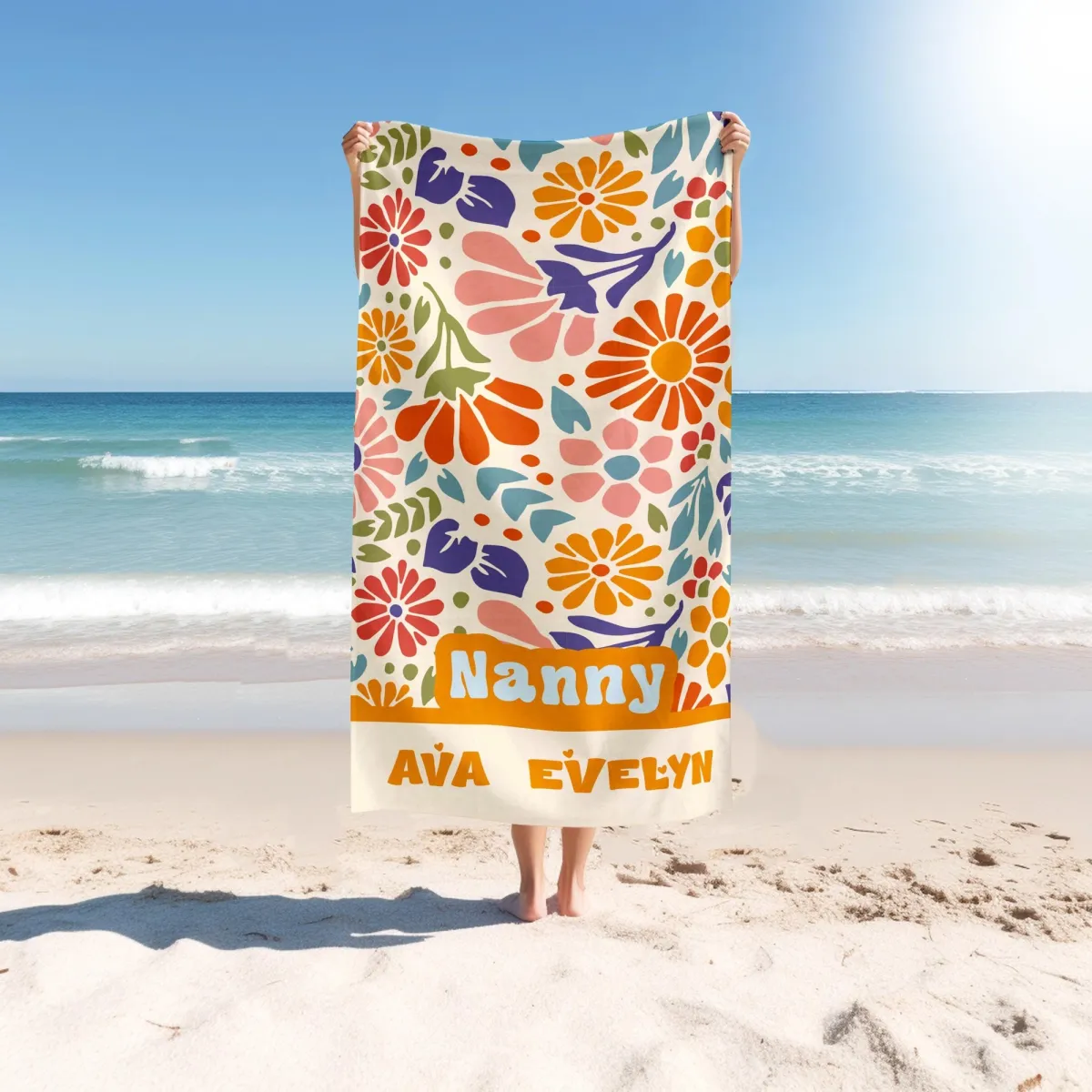 Personalized Vintage Floral Towel with Grandkids' Names, Custom Gift for Grandma, Kid Gift, Grandma’s Garden Beach Towel, Mom gift