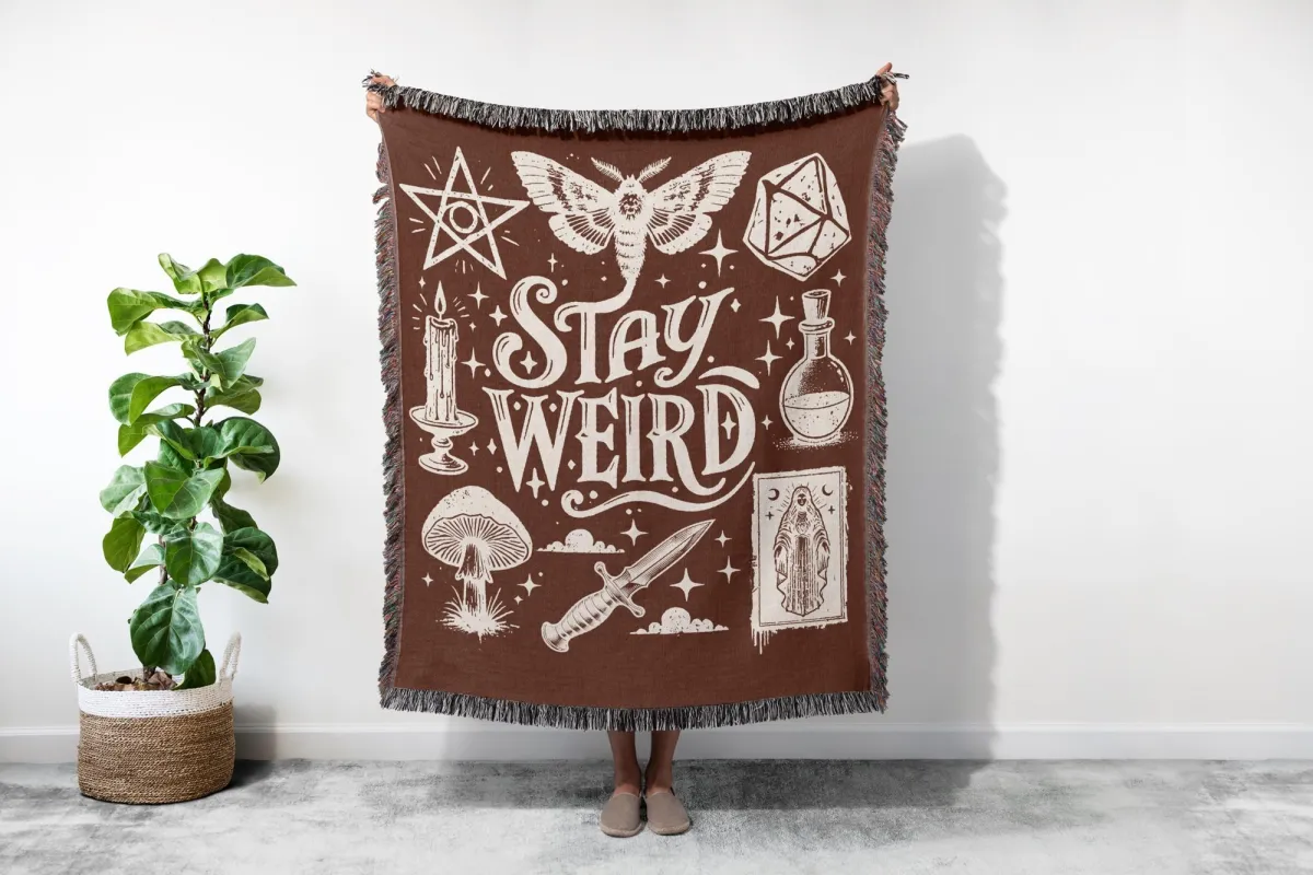 Stay Weird Witchy Blanket, Celestial Halloween Throw, Edgy Grunge Gothic Witch Ritual Boho Decor, Halloween Humor Girly Design