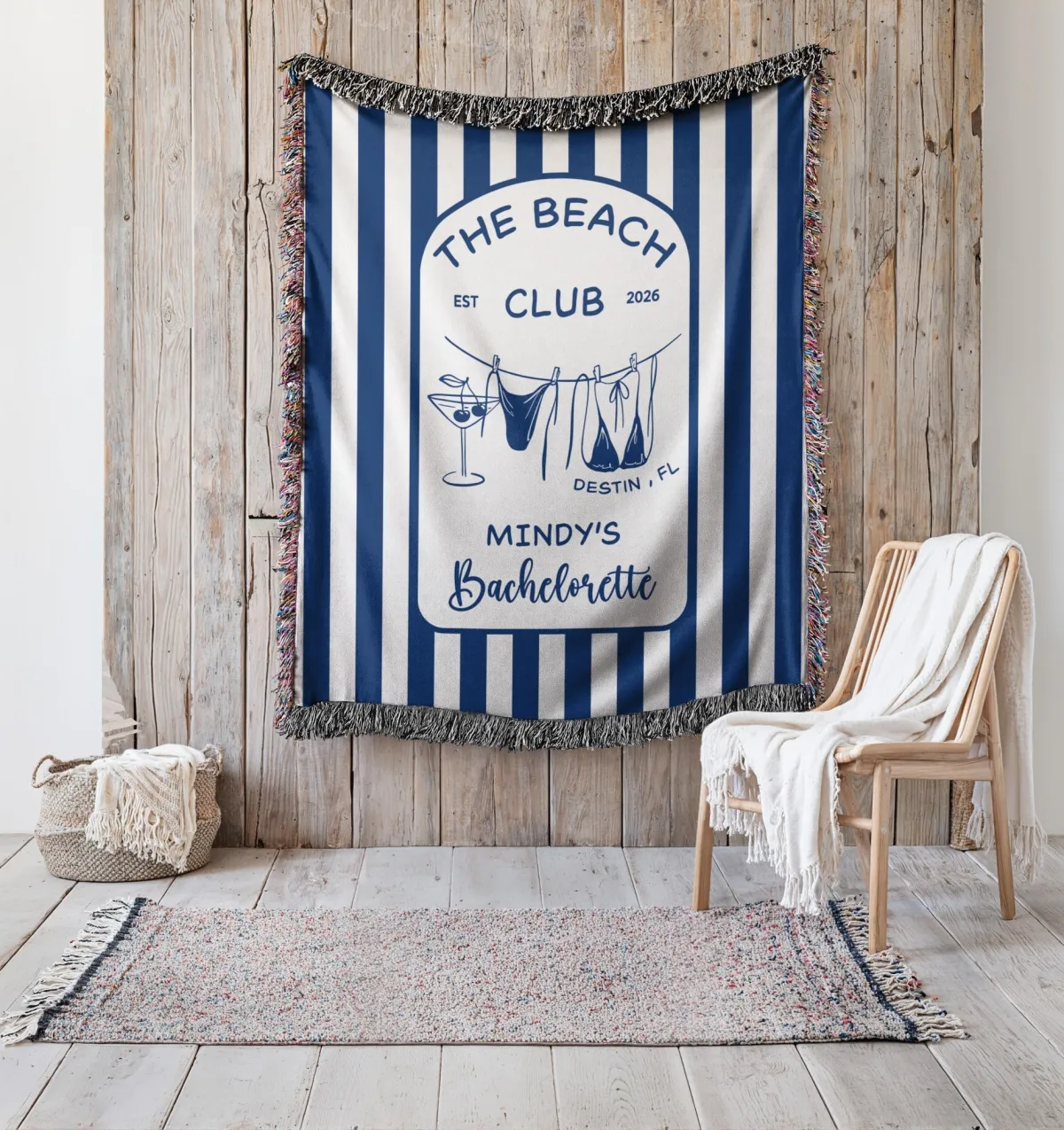 Custom Beach Bachelorette Woven Blanket, Coastal Bach Party Decor, Destin FL Gift, Personalized Retro Beach Club Throw, Destination Keepsake