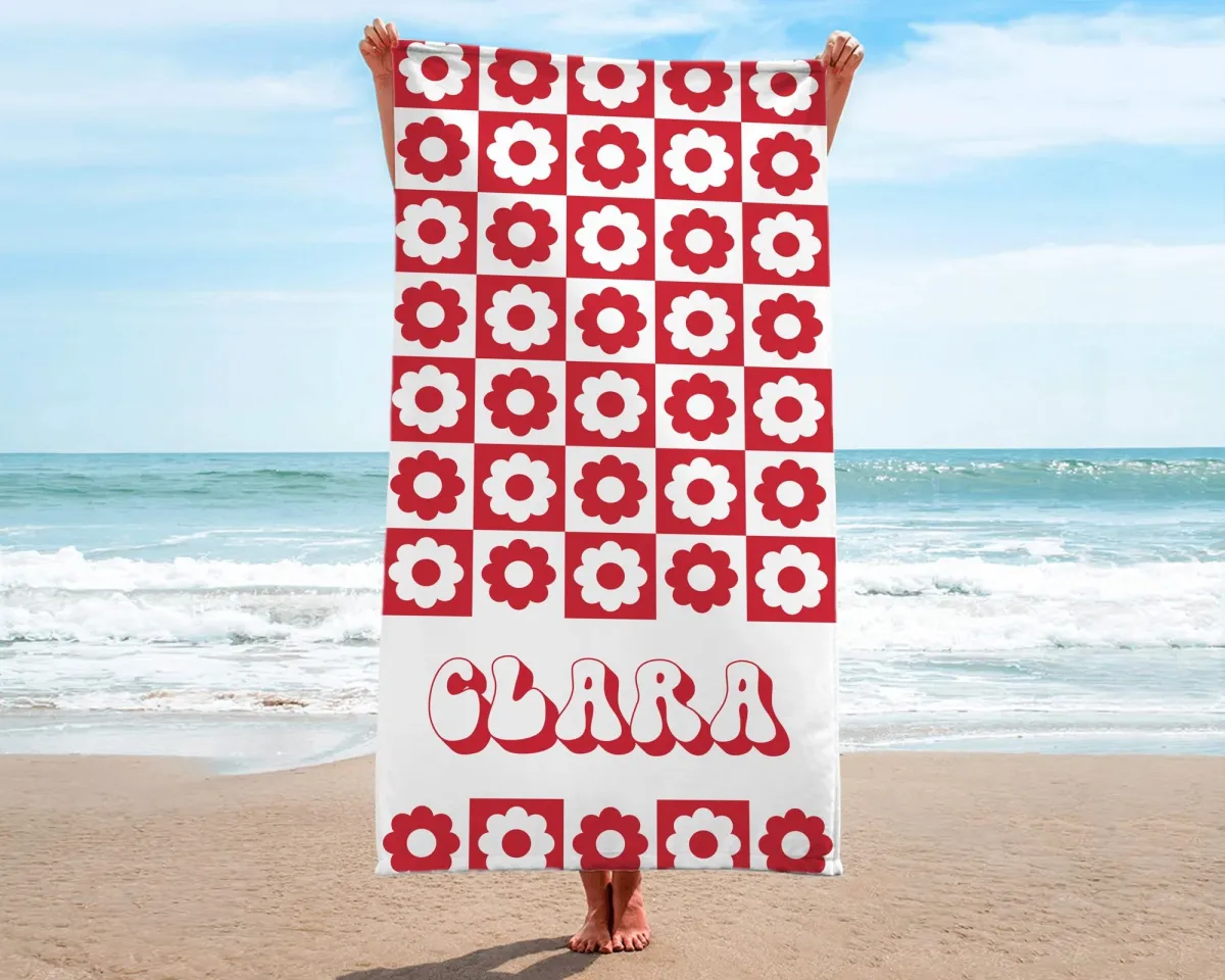 Retro Style Custom Name Beach Towel, Vintage Floral 70's Design, Personalized Pool Towel, Vacation Birthday Gift, Bachelorette Party Favors