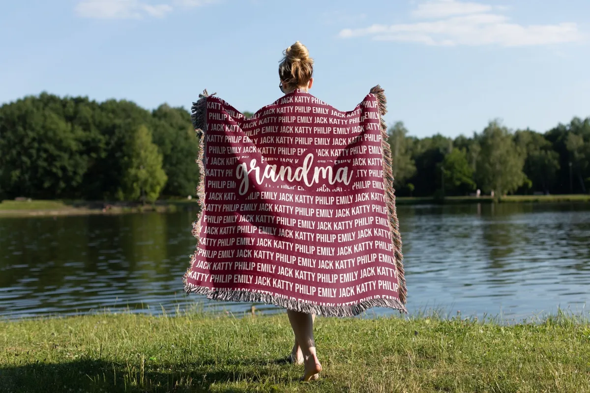Personalized Grandparent Woven Blanket, Custom Christmas Gift For Mom/Dad, Grandchildren Name Tapestry, Keepsake Quilt Blanket Present