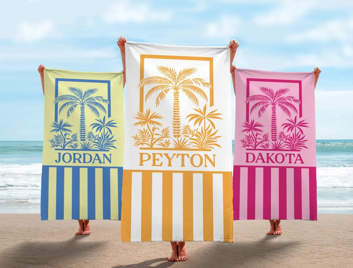 Personalized Palm Tree Beach Towel, Girls Trip Vacation Towel, Custom Name Pool Towel for Kids & Women, Summer Birthday Gift,Bridesmaid Gift