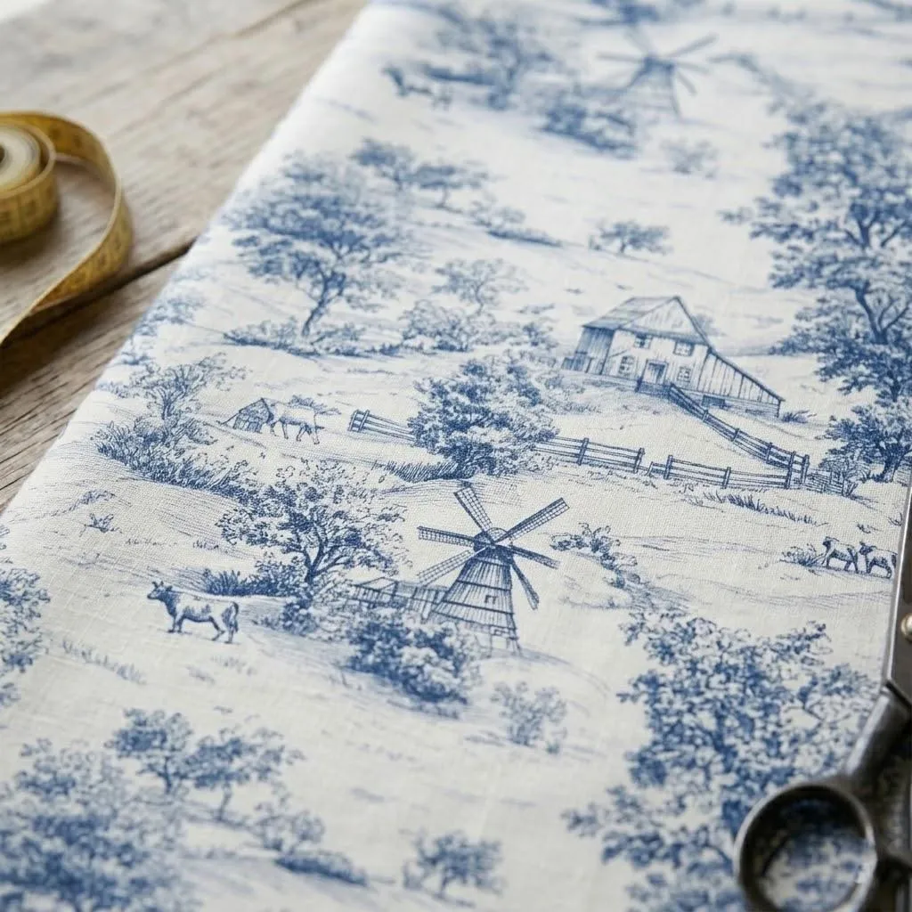 Blue and White Toile de Jouy Fabric by the Yard, Vintage Pastoral French Country Pattern, Farmhouse Linen Cotton for Curtains & Upholstery