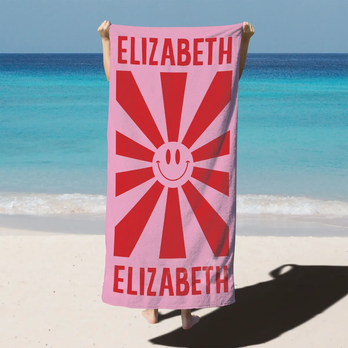 Retro Style Beach Towel, Smiley Face Personalized Towel, Rainbow Pattern Pool Towel, Birthday Vacation Gift, Kids Towels, 70s Style
