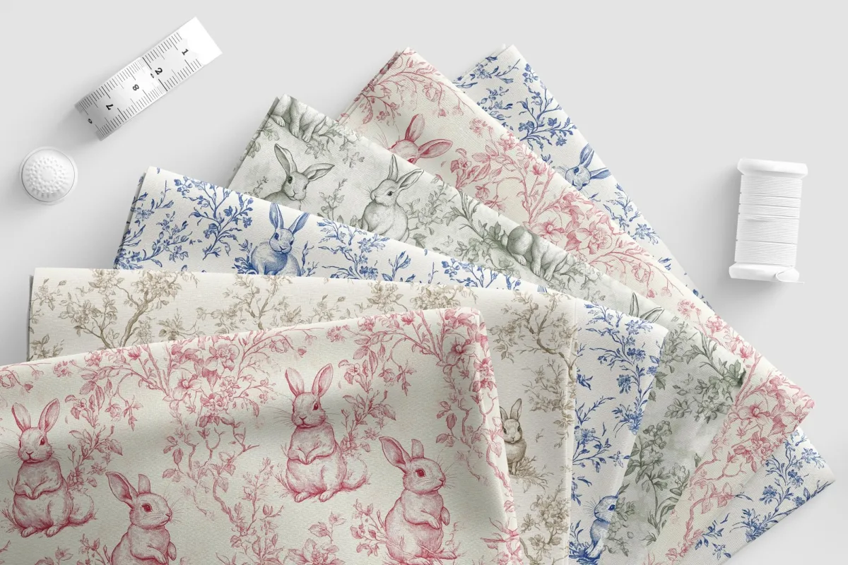 Bunny Rabbit Chinoiserie Fabric, Canvas Fleece Velvet Scuba, Vintage Floral Oriental Cotton by Yard Fat Quarter Cut, Blue Willow Hare Style