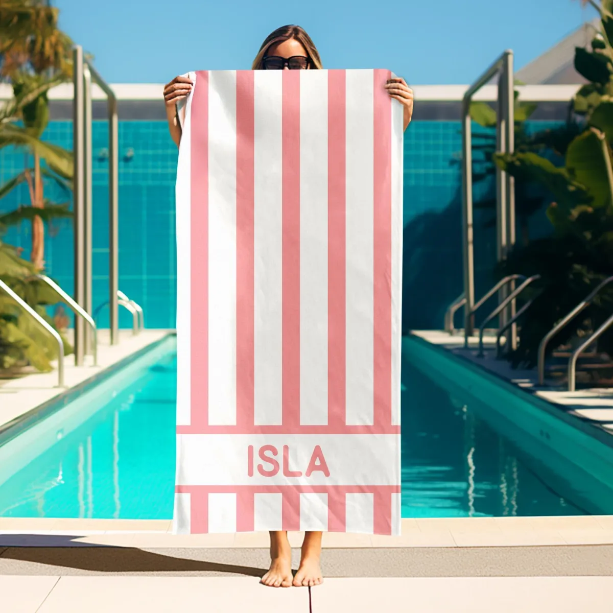 Personalized Striped Beach Towel with Name, Preppy Pool Towel for Girls, Bridal Party Gift, Swim Club & Summer Vacation Essential